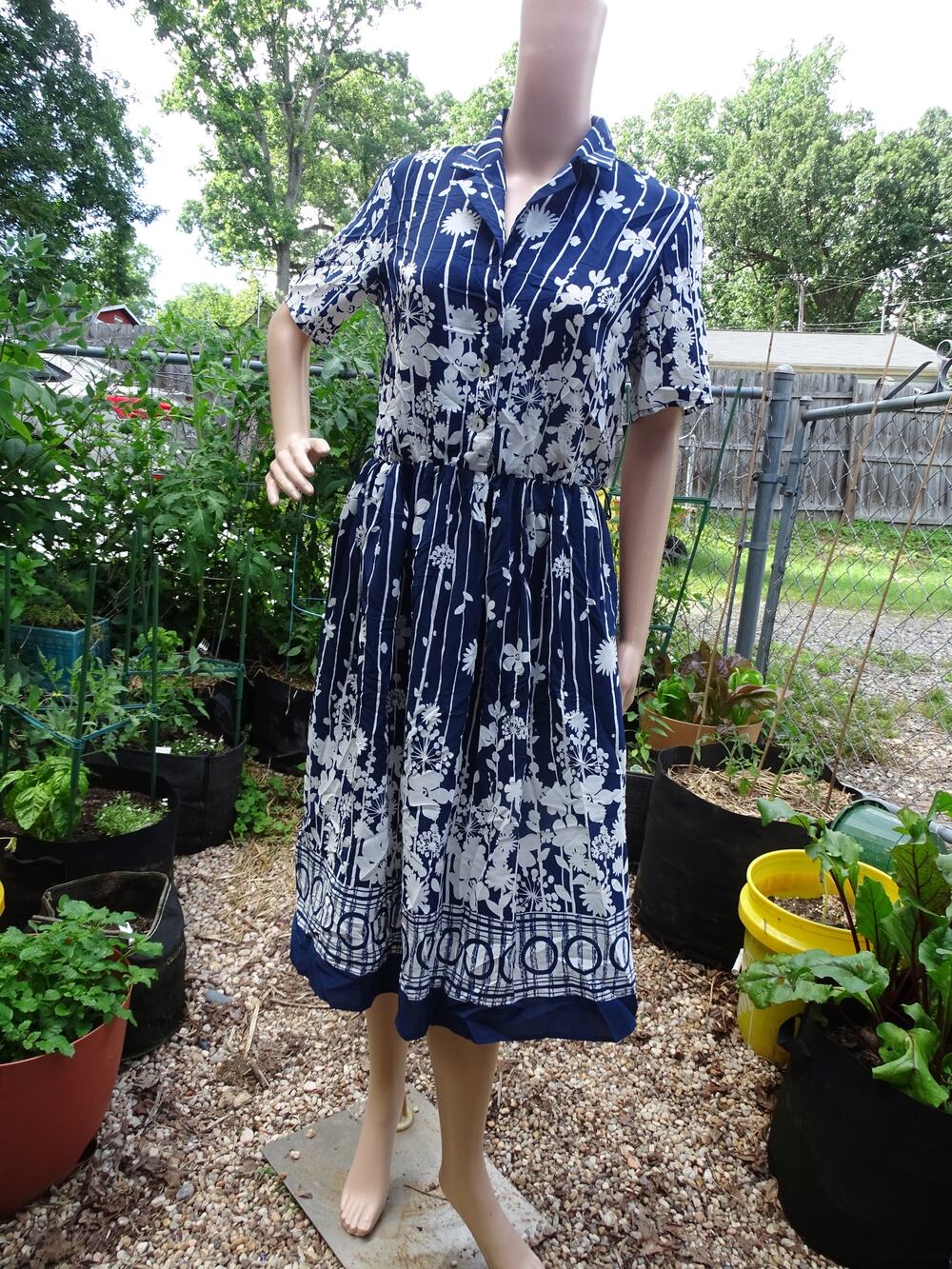 Vtg BFA Classics Midi Dress Navy Blue White Daisy Striped Cottage Garden Print